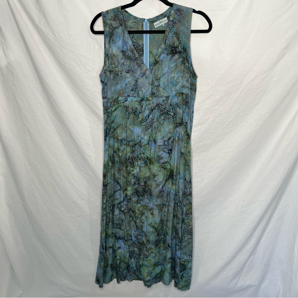 Windi River Watercolor Maxi Dress Babydoll Art To Wear Lagenlook Sz M Blue Green